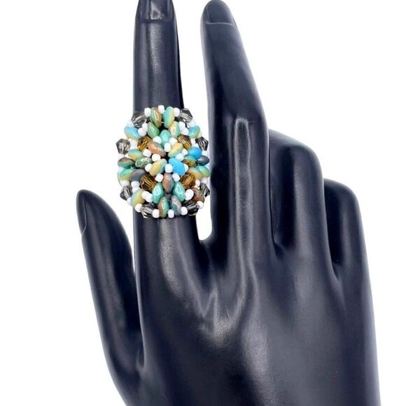 Multi Blue and Cream with White and Gray Crystal Beaded Statement Ring Size 7.5 - Picture 7 of 8